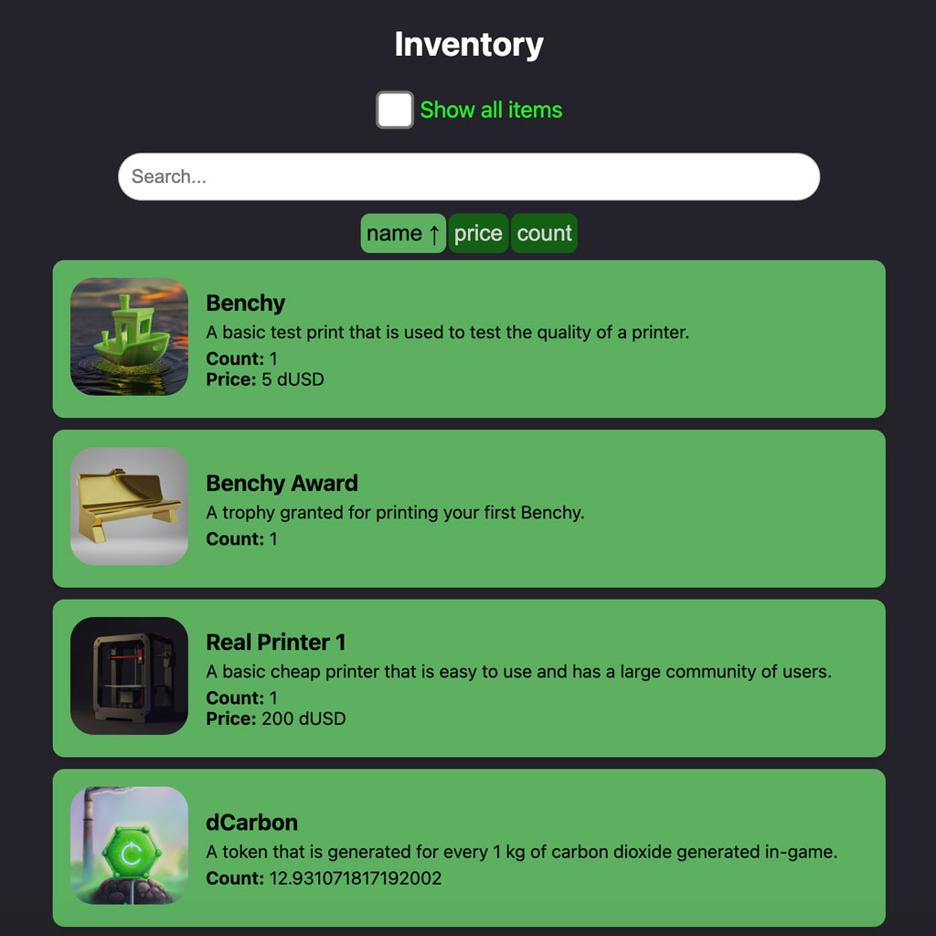 a screenshot of the inventory system