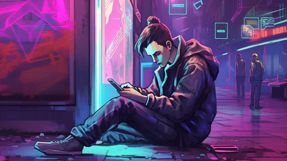 a man sitting on the ground in a cyberpunk city, looking at their phone