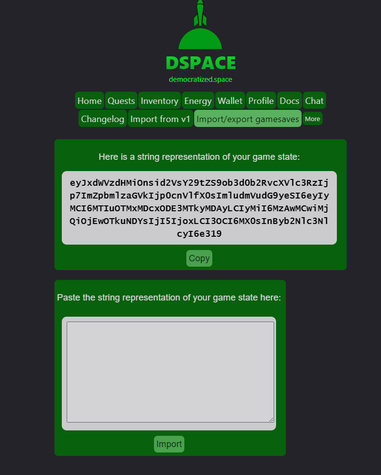 a screenshot of the import/export functionality for game state.